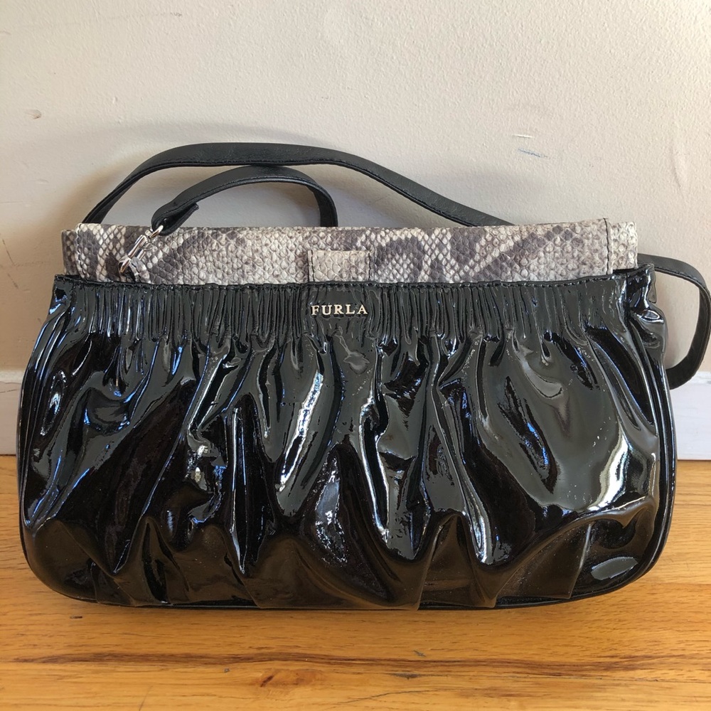 Furla black patent leather and snakeskin bag